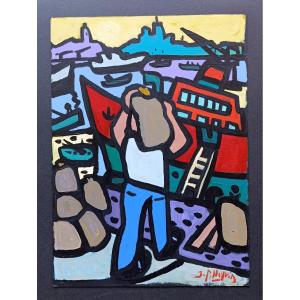 Jacques Pellegrin (1944-2021), Unloading At The Old Port, Acrylic On Cardboard, Signed