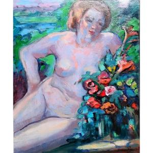 Jean Lair (xxème), Nu Aux Fleurs, Huile Sur Toile Signée, Encadrée