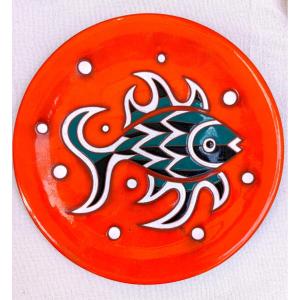 Jean Picart Le Doux (1902-1982), The Green Fish, Glazed Ceramic Plate, Signed On The Back