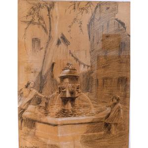 Edouard PANNETIER (1884-1965), Dessin Fusain papier, Fontaine des 3 Ormeaux, Aix, signé,encadré