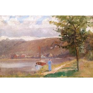Ecole Française XXème, Promenade au lac, huile sur toile