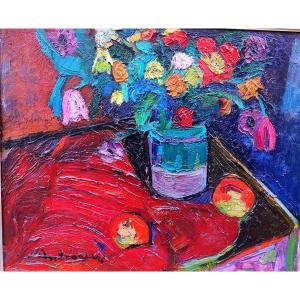Pierre Ambrogiani (1907-1985), Nature morte au bouquet, Huile Sur Toile Signée, encadrée