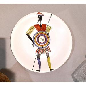 Roger Capron (1922-2006), White Ceramic Plate With A Warrior Motif, Signed, Vallauris