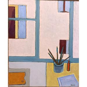 Jean-pierre Blanche (1927-2022), Window On Studio , Oil On Pannel, Signed With Frame
