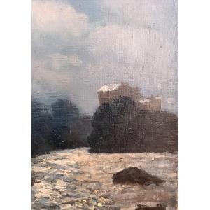 Ecole français XXème, La rivière en hiver, Huile sur toile non signée