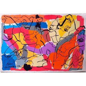 Pierre Ambrogiani (1907-1985), La lutte, Pochoir sur papier, signé dans la planche