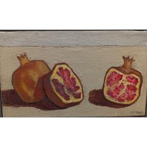 Jean-pierre Blanche (1927-2022), Double Pomegranates, Oil On Canvas, Signed On The Right