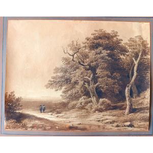 J.B. Louis HUBERT (1801-1865), Promenade sur le chemin, Lavis d'encre signé, encadré