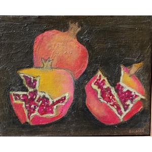 Jean-Pierre BLANCHE (1927-2022), Triple grenades sur fond brun, Huile sur bois, signée, encadré