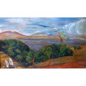 Azouaoui MAMMERI (1890-1954), Paysage de Kabylie, Huile sur bois signée, encadrée