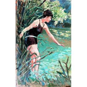 Ecole Française XXème, Le bain de rivière, huile sur carton, signée