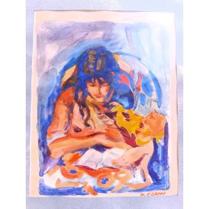 Pierre Cornu (1895–1996), *reading*, Watercolor On Paper, Signed, Framed