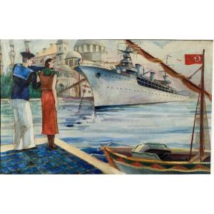 Imbert (XXème), Couple et navire devant Ste Sophie, Huile sur toile signée, encadrée