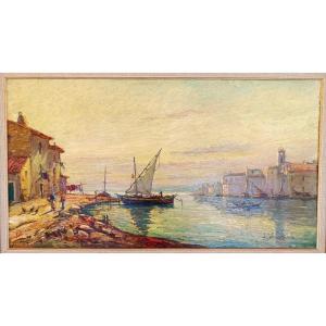 Joseph Hurard (1887-1956), Paysage de bord de mer,Martigues?huile sur panneau, signée, encadrée