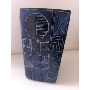 Pot en céramique carrée à décor géométrique bleu et noir, années 50/60