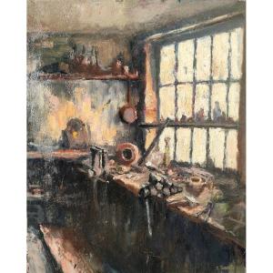 20th-century French School, "the Workbench At Rest," Oil On Cardboard, Signed On The Right,