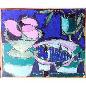 Claude Venard (1913–1999), Still Life With Fish, Oil On Paper Mounted On Canvas, Signed