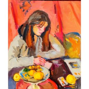 Cornu. P (1893-1996) , Jeune Femme Lisant, Huile Sur Toile Signée En Bas à Droite, Cadre Doré