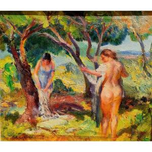 Loran Wilford (1892-1972), The Two Bathers, Oil On Canvas Signed.