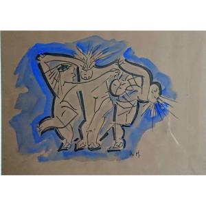 Milo Vojic (1923-2004), La Danse, Encre Et Aquarelle Sur Papier, Signée En Bas à Gauche, Cadre
