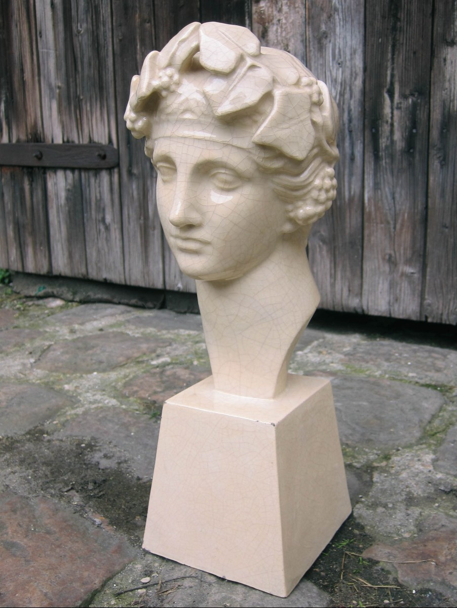 Bust Of A Young Bacchus In Crackled Earthenware By Kaza.