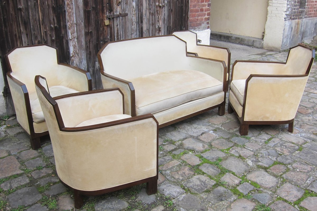 Important Art Deco Living Room: A Sofa + Four Armchairs. France 1935.-photo-2