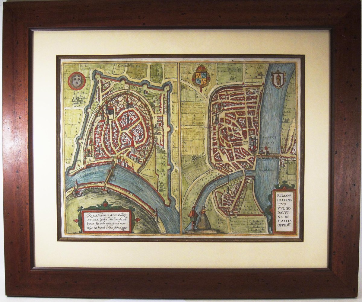 Antique Map Of Grenoble And Roman-sur-isère By F. Hogenberg, C. 1650.