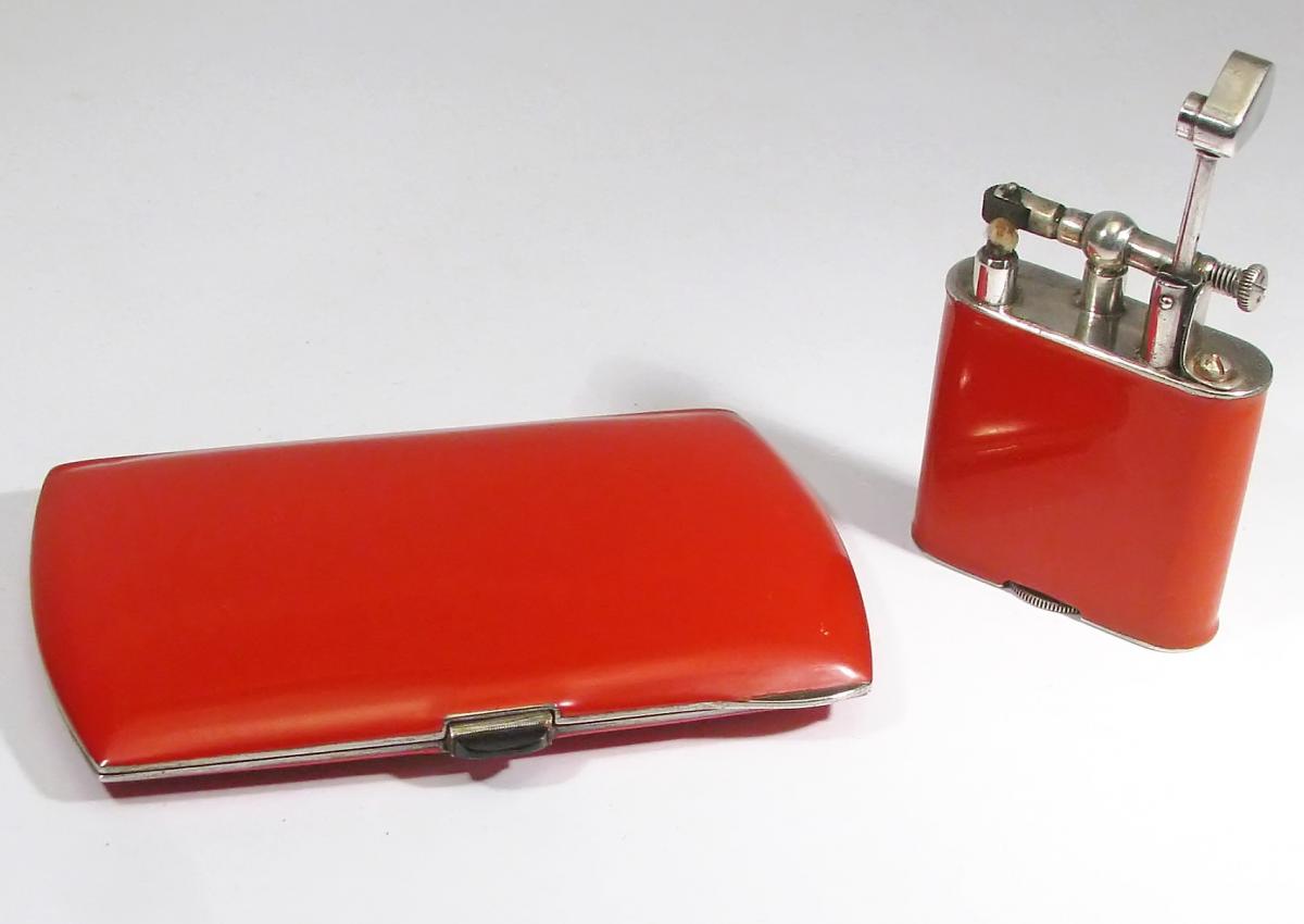Ensemble Dunhill, Briquet Et étui à Cigarettes En Argent Laqué Corail. 1926-photo-2