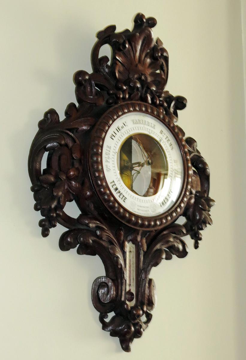 Wall Barometer Bourdon & Richard Carved Oak. C.1855-photo-1