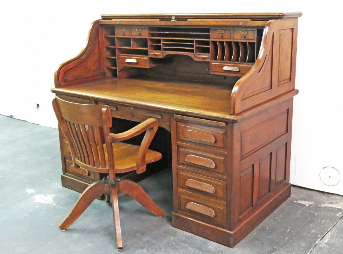 Large Roll-top Walnut Desk With Its Armchair. 1920