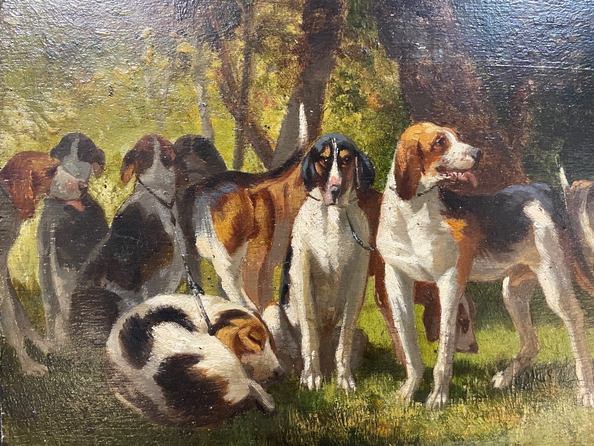 Oil On Panel Representing A Pack Of Dogs-photo-2