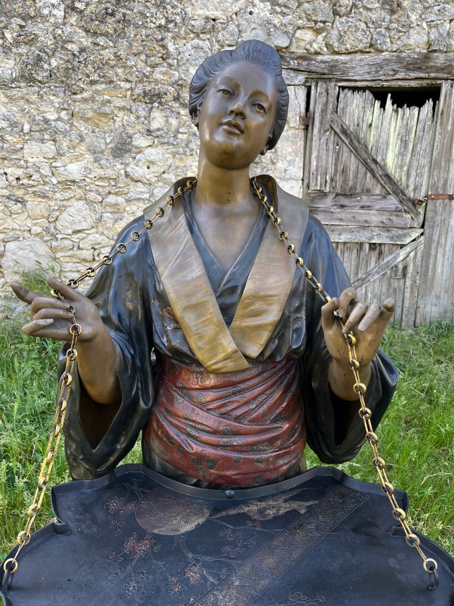 Polychrome Spelter Sculpture Representing A Geisha Signed René Charles Massé-photo-2