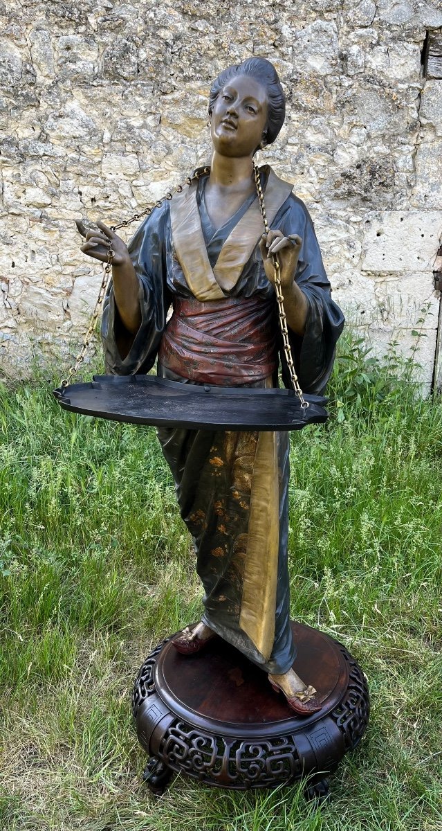 Polychrome Spelter Sculpture Representing A Geisha Signed René Charles Massé
