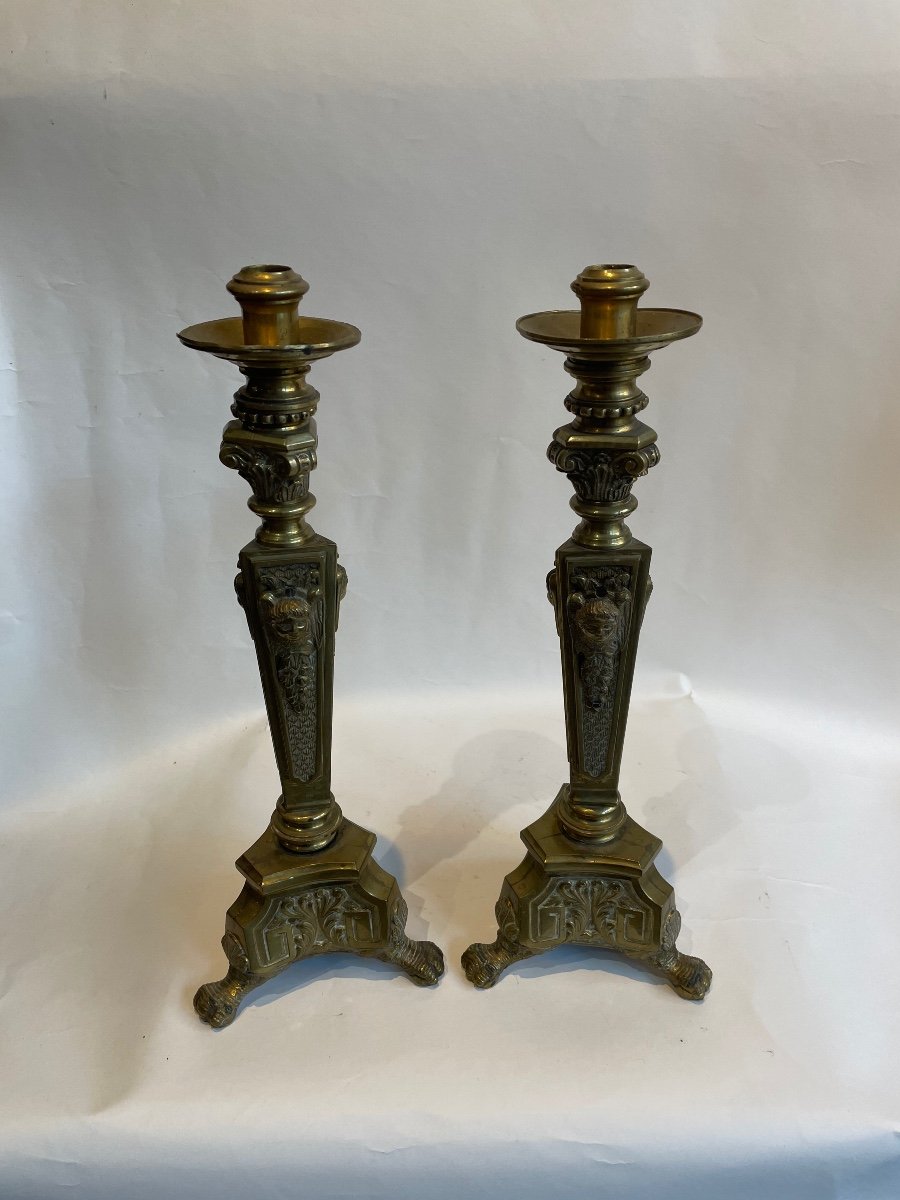 Set Of 5 Bronze Candlesticks With Golden Patina XIX-photo-2