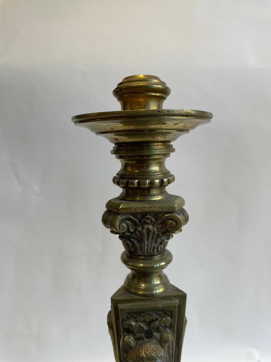 Set Of 5 Bronze Candlesticks With Golden Patina XIX-photo-3