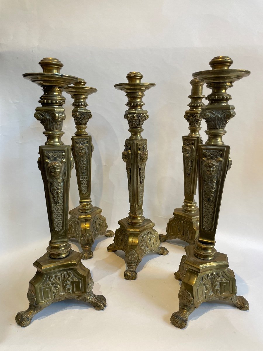 Set Of 5 Bronze Candlesticks With Golden Patina XIX