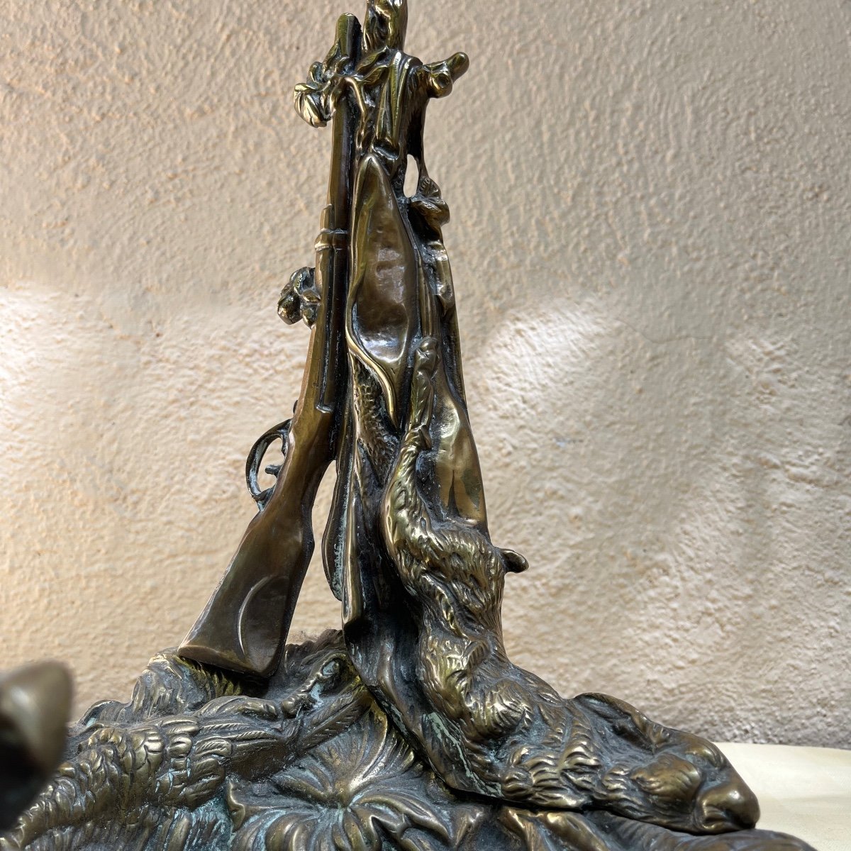 Fireplace Servant With Hunting Decor In Bronze-photo-4