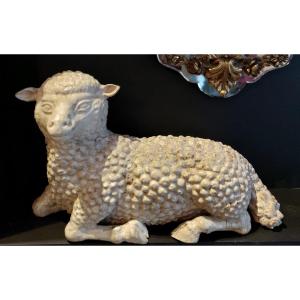 Sculpture animalière représentant un agneau En Bois Polychrome, Italie 18e Siècle
