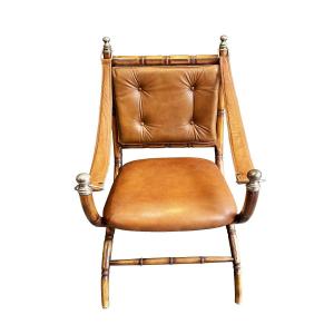 Fauteuil En Cuir Attribué à Valenti En Hêtre Façon Bambou