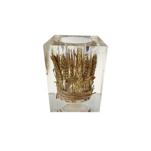 Plexiglas Vase With Inclusion Of Ears Of Wheat. 70s Italy