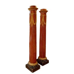 Pair Of Painted Wooden Columns, Italy 19th Century