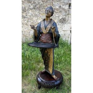 Polychrome Spelter Sculpture Representing A Geisha Signed René Charles Massé