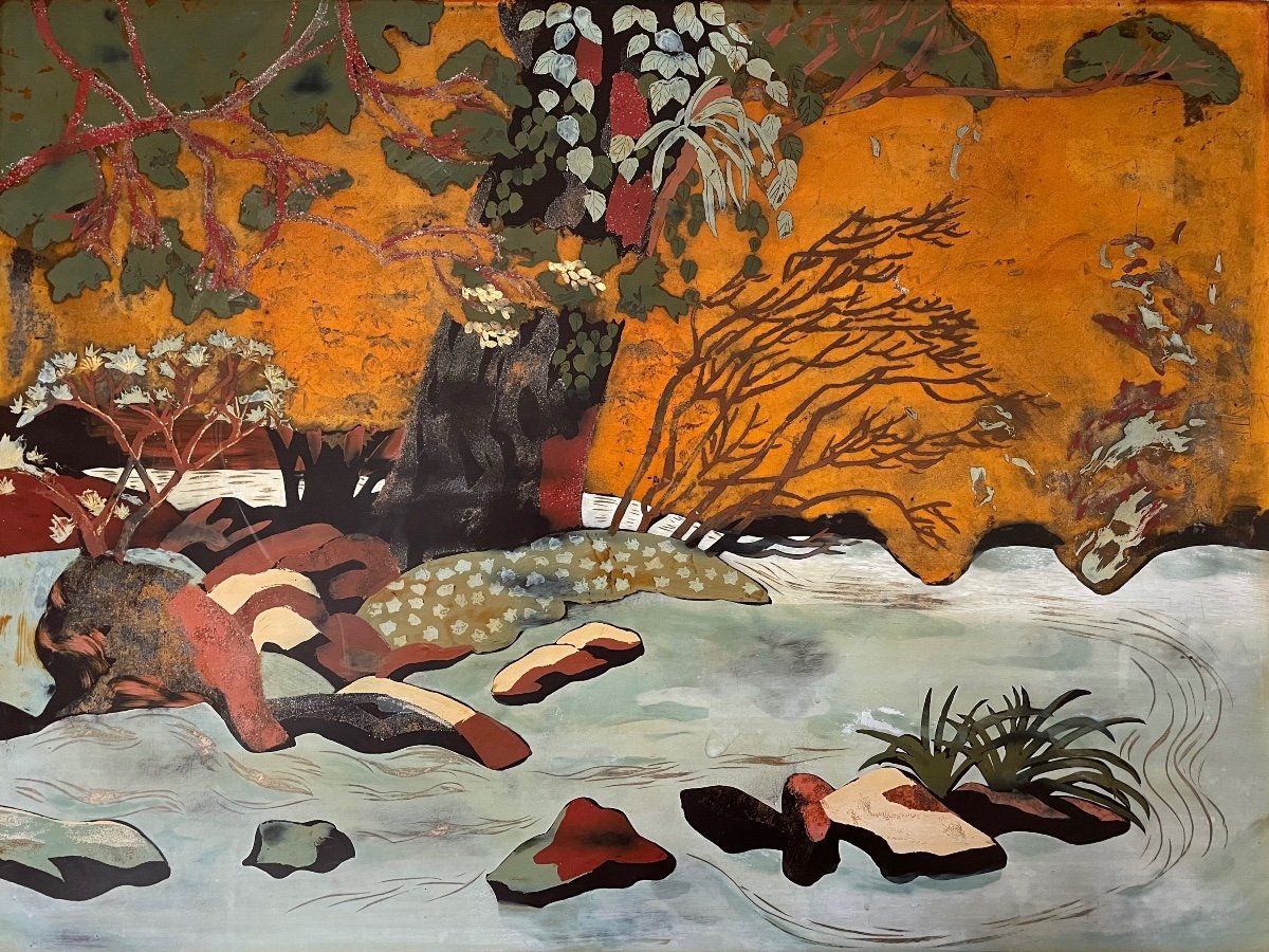 Au Bord De La Rivière - Ecole Vietnamienne - Milieu XXe - Laque Vietnam