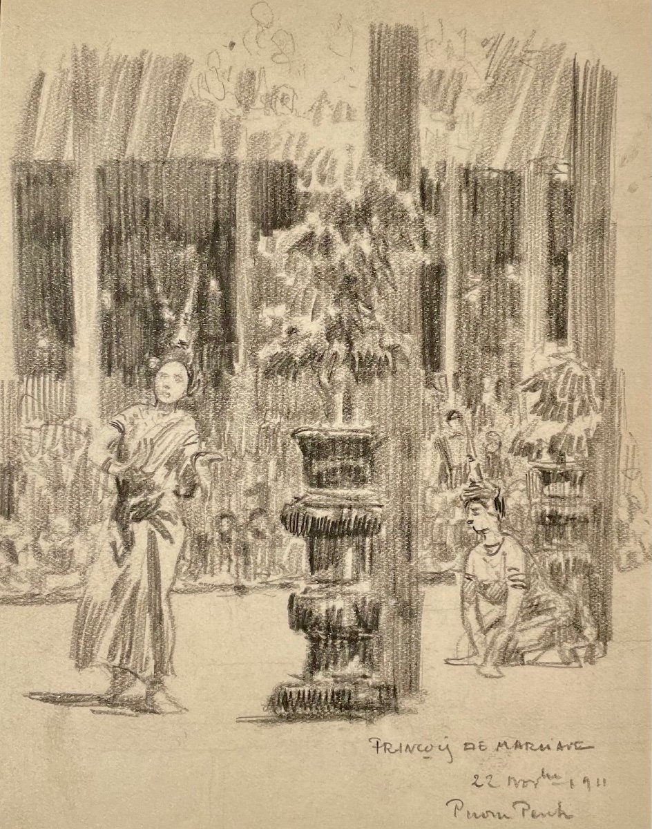 Danseuses à Phnom Penh - François De Marliave - Dessin au Crayon, Signé, Situé et Daté