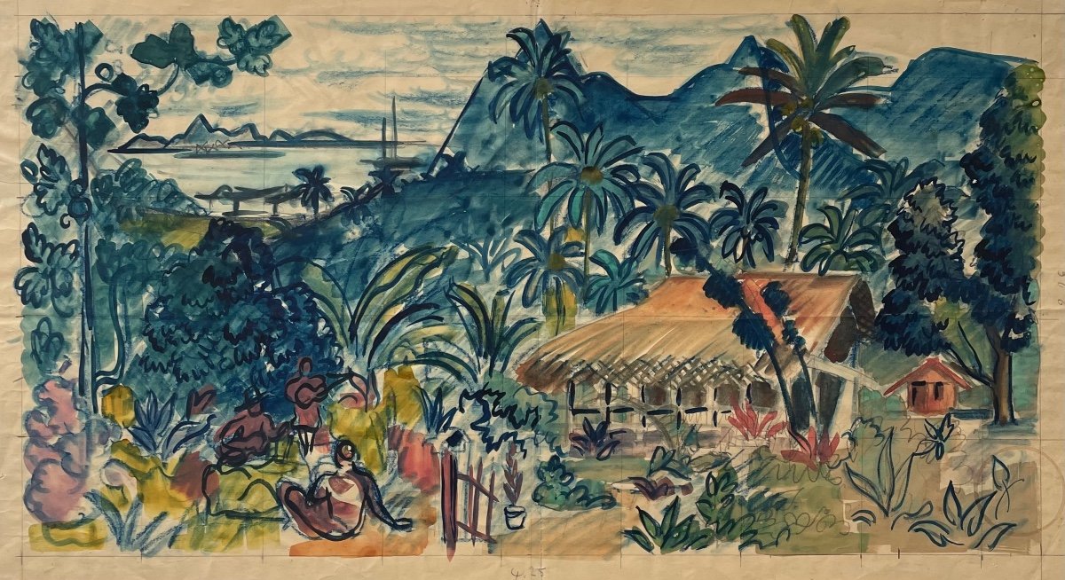 Paysage Tahitien - Franck Sloan (étude De Fresque) Aquarelle, Encre Bleue Et Craie Sur Papier