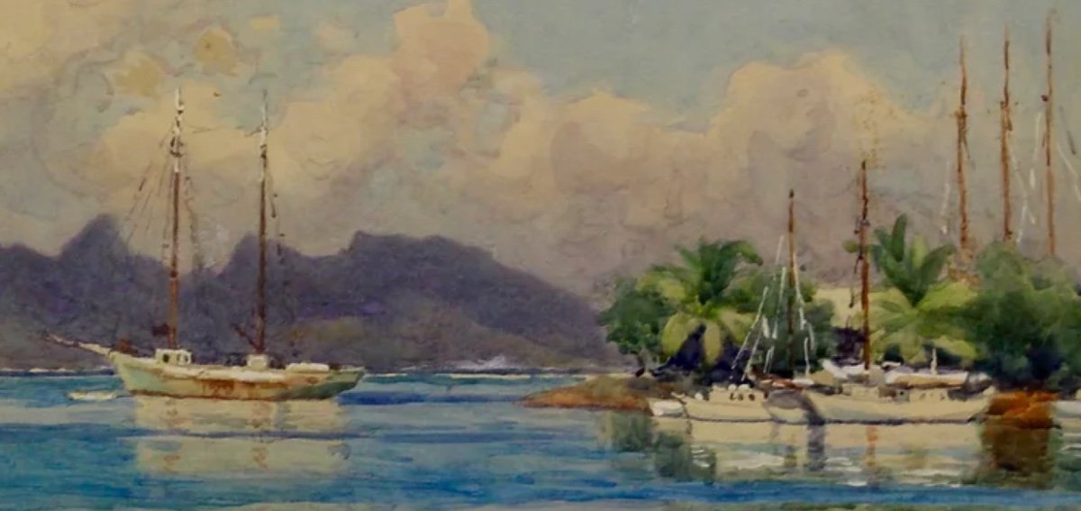 Moorea Depuis Papeete - Hippolyte Madelaine - Aquarelle Sur Papier Signée-photo-2