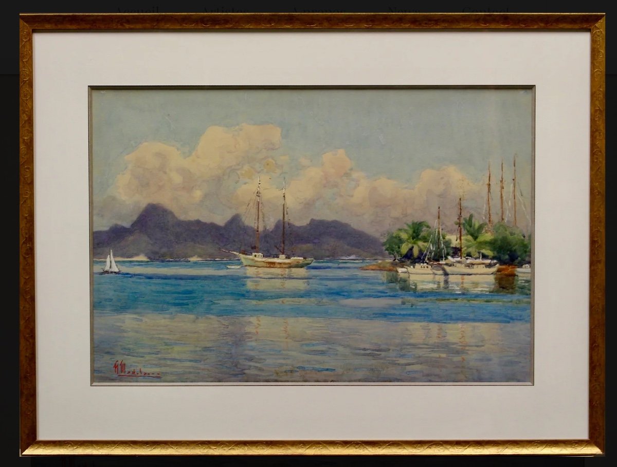 Moorea Depuis Papeete - Hippolyte Madelaine - Aquarelle Sur Papier Signée