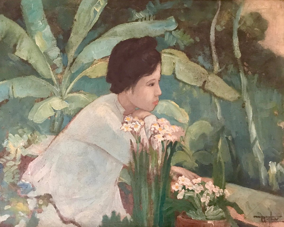 Young Girl With A Banana Tree - Mai Thu - Oil On Canvas, Signed - Vietnam - Indochina-photo-2