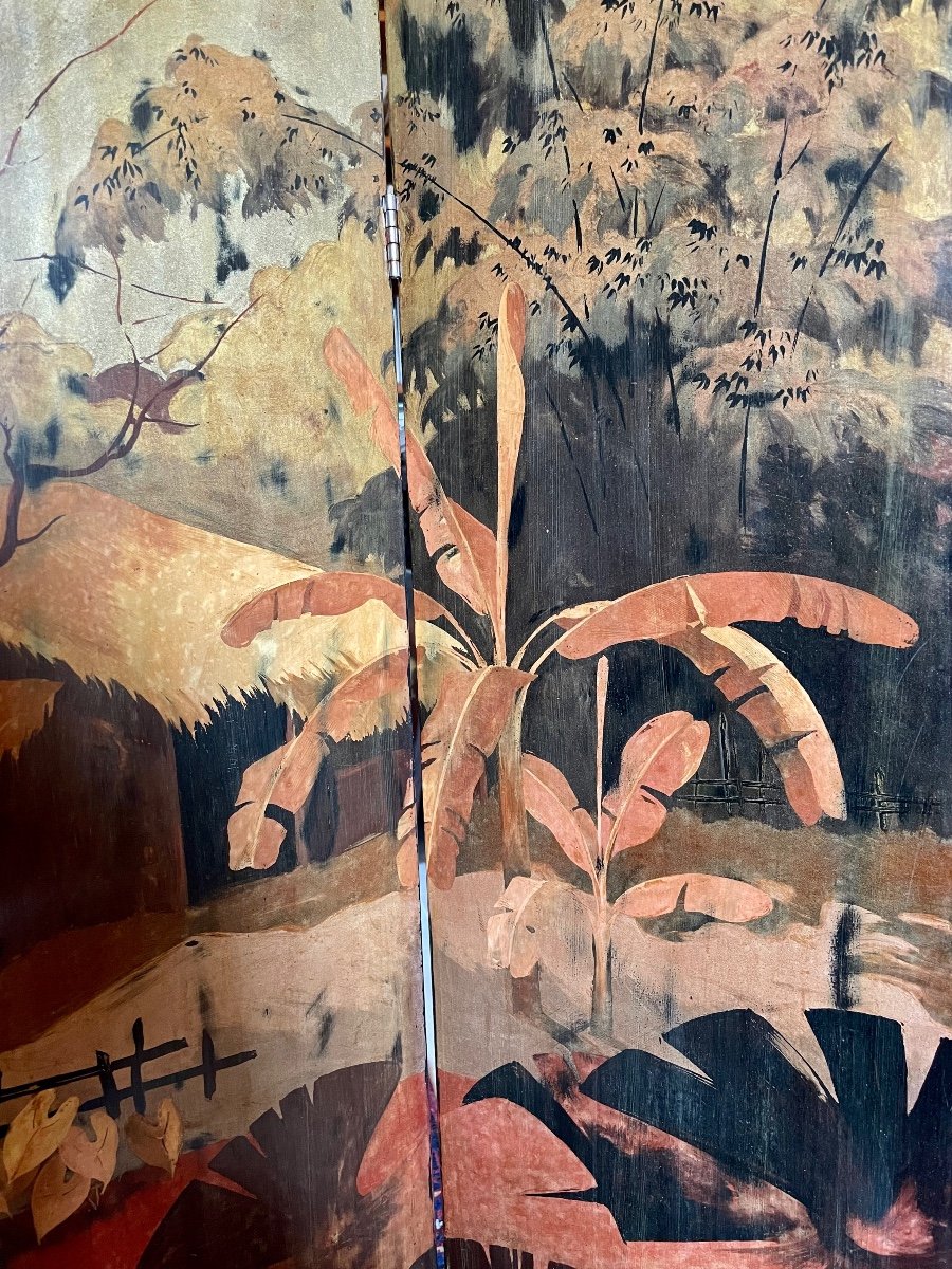 Village Au Bord De l'Eau - Vietnamese School Early Twentieth - Screen Of 6 Lacquered Panels-photo-1
