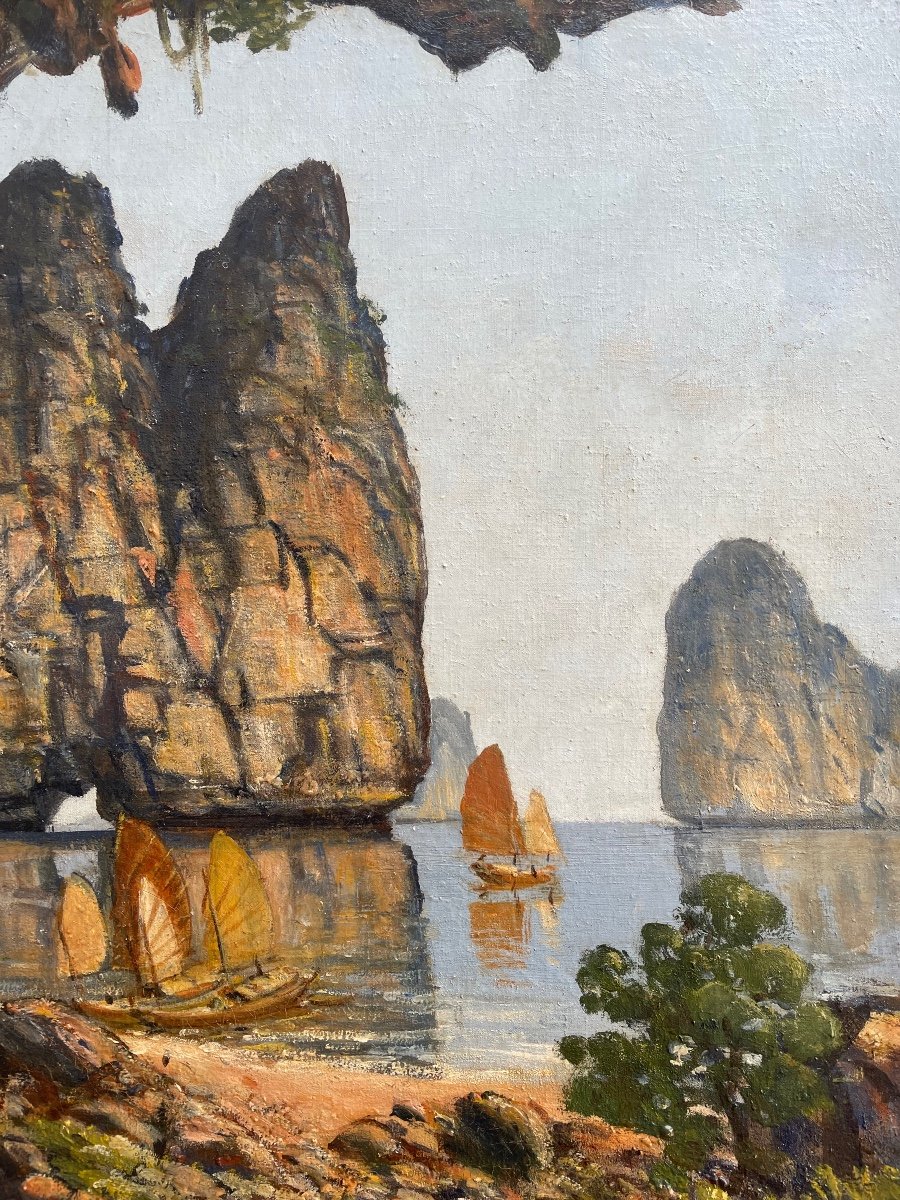 Vue De La Grotte, Baie d'Along- Mai Thu - Huile Sur Toile Signée - Vietnam - Indochine - Halong-photo-4